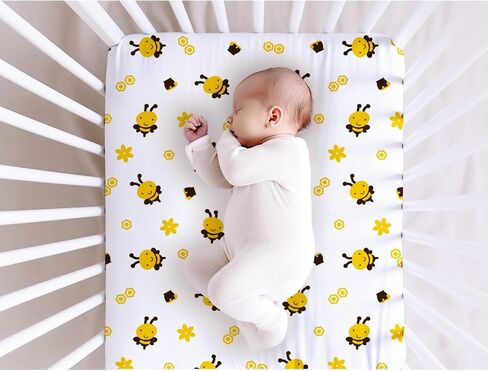 Baby Crib Sheets for Boys and Girls Cartoon Bees Floral Honey Ultra Soft Neutral Crib Sheet 28''x52'' Sized for Standard Baby Crib & Toddler Mattress, 4264623 in Saudi Arabia