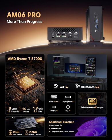 ACEMAGICIAN Mini Gaming PC, AMD Ryzen 7 5700U Dual Channel Mini PC 32GB DDR4 512GB SSD, Mini Desktop Computers Support 4K@60Hz Triple Display/WiFi6/BT5.2/Gaming/Office/Home in Kuwait