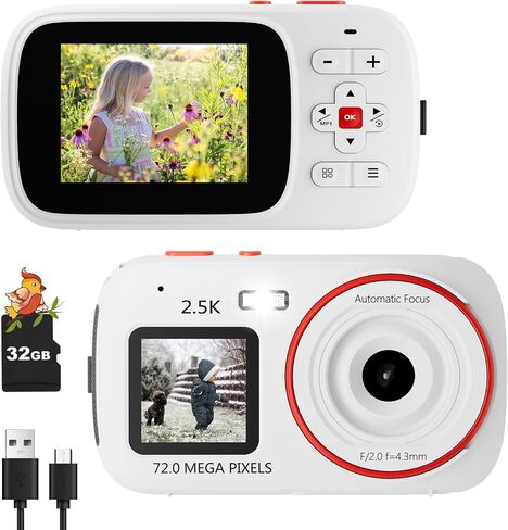 Digital Camera, Dual Screen, 72MP FHD 1080P Camera for Kids, Autofocus Digital Camera with 16X Zoom, Kids Camera with 32GB Card, Camera for Kids Teens Boys Girls, Fill Light (White) in Saudi Arabia