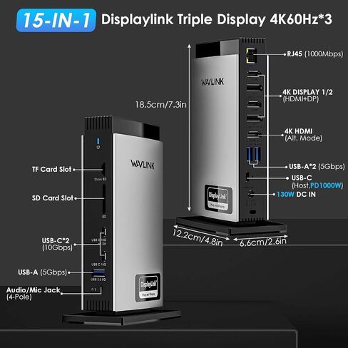 WAVLINK USB C DisplayLink Docking Station with 3 HDMI 4K60Hz,Displaylink Triple Display Docking Station for MacBook M1/M2/M3/Windows,5 USB Ports,2DP,Ethernet Port,Audio/Mic,SD/TF（No Charging Ports） in Kuwait