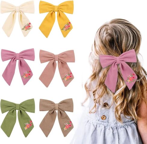 Baby Girl Embroidery Flower Plain Bows Hair Clips,5.0 Inch 6PACK Fabric Cotton Linen Handmade Hair Accessories for Little Girls Toddler Kids Children (Style-A) in Saudi Arabia