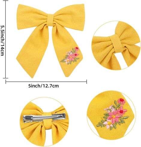 Baby Girl Embroidery Flower Plain Bows Hair Clips,5.0 Inch 6PACK Fabric Cotton Linen Handmade Hair Accessories for Little Girls Toddler Kids Children (Style-A) in Saudi Arabia