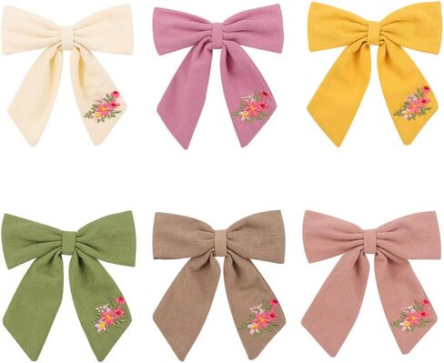 Baby Girl Embroidery Flower Plain Bows Hair Clips,5.0 Inch 6PACK Fabric Cotton Linen Handmade Hair Accessories for Little Girls Toddler Kids Children (Style-A) in Saudi Arabia