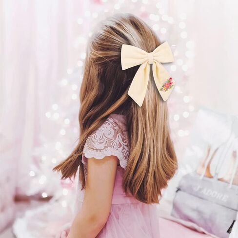 Baby Girl Embroidery Flower Plain Bows Hair Clips,5.0 Inch 6PACK Fabric Cotton Linen Handmade Hair Accessories for Little Girls Toddler Kids Children (Style-A) in Saudi Arabia