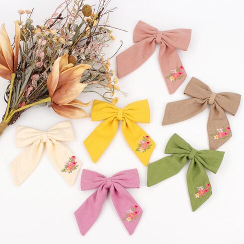 Baby Girl Embroidery Flower Plain Bows Hair Clips,5.0 Inch 6PACK Fabric Cotton Linen Handmade Hair Accessories for Little Girls Toddler Kids Children (Style-A) in Saudi Arabia