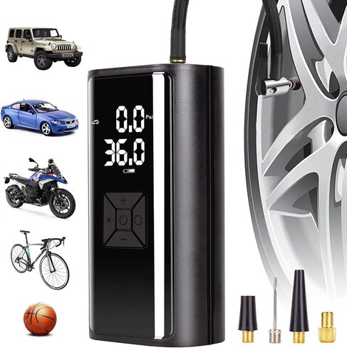 ضاغط هواء محمول لنفخ الإطارات - مضخة هواء مع ضوء LED، مقياس ضغط رقمي LCD (120 رطل لكل بوصة مربعة) - منفاخ إطارات ذكي للسيارات والدراجات النارية وزوارق الكاياك، أسود in Kuwait