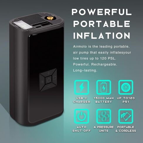 ضاغط هواء محمول لنفخ الإطارات - مضخة هواء مع ضوء LED، مقياس ضغط رقمي LCD (120 رطل لكل بوصة مربعة) - منفاخ إطارات ذكي للسيارات والدراجات النارية وزوارق الكاياك، أسود in Kuwait