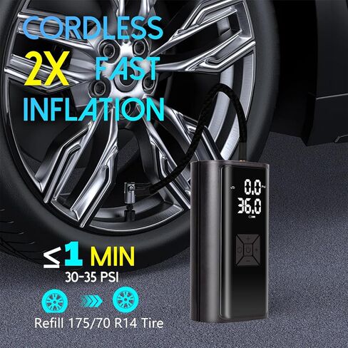 ضاغط هواء محمول لنفخ الإطارات - مضخة هواء مع ضوء LED، مقياس ضغط رقمي LCD (120 رطل لكل بوصة مربعة) - منفاخ إطارات ذكي للسيارات والدراجات النارية وزوارق الكاياك، أسود in Kuwait