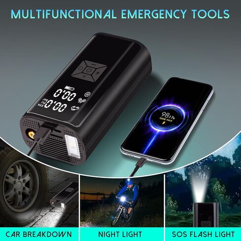 ضاغط هواء محمول لنفخ الإطارات - مضخة هواء مع ضوء LED، مقياس ضغط رقمي LCD (120 رطل لكل بوصة مربعة) - منفاخ إطارات ذكي للسيارات والدراجات النارية وزوارق الكاياك، أسود in Kuwait