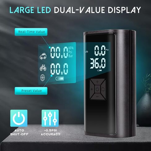 ضاغط هواء محمول لنفخ الإطارات - مضخة هواء مع ضوء LED، مقياس ضغط رقمي LCD (120 رطل لكل بوصة مربعة) - منفاخ إطارات ذكي للسيارات والدراجات النارية وزوارق الكاياك، أسود in Kuwait