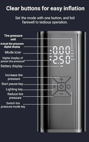 ضاغط هواء محمول لنفخ الإطارات - مضخة هواء مع ضوء LED، مقياس ضغط رقمي LCD (120 رطل لكل بوصة مربعة) - منفاخ إطارات ذكي للسيارات والدراجات النارية وزوارق الكاياك، أسود in Kuwait