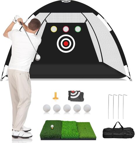 Golf Net, 10x7ft Golf Practice Net, Quick Setup, Heavy Duty Golf Hitting Net Indoor Outdoor with Multi-Target/Tri-Turf Mat/Carry Bag for Golf Training Aid Chipping Driving Swing Trainer, Durable in Saudi Arabia