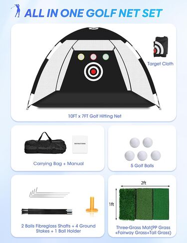 Golf Net, 10x7ft Golf Practice Net, Quick Setup, Heavy Duty Golf Hitting Net Indoor Outdoor with Multi-Target/Tri-Turf Mat/Carry Bag for Golf Training Aid Chipping Driving Swing Trainer, Durable in Saudi Arabia