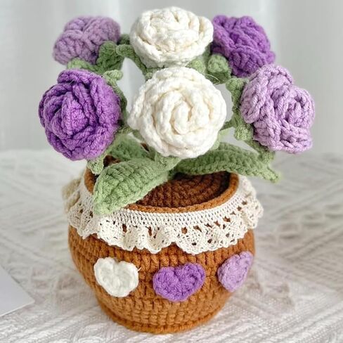 Handmade Crochet Rose Bouquet Potted Plants, Knitted Artificial Forever Flowers With Exquisite Pot,Gift to Friends Women Kids,Perfect for Home Decorations, Office Desk (Gradient Pink) in Saudi Arabia