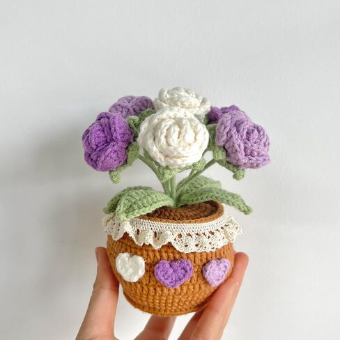 Handmade Crochet Rose Bouquet Potted Plants, Knitted Artificial Forever Flowers With Exquisite Pot,Gift to Friends Women Kids,Perfect for Home Decorations, Office Desk (Gradient Pink) in Saudi Arabia
