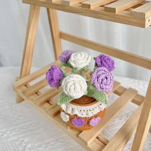Handmade Crochet Rose Bouquet Potted Plants, Knitted Artificial Forever Flowers With Exquisite Pot,Gift to Friends Women Kids,Perfect for Home Decorations, Office Desk (Gradient Pink) in Saudi Arabia