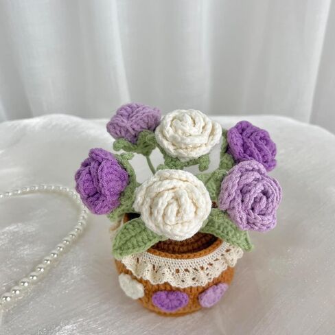 Handmade Crochet Rose Bouquet Potted Plants, Knitted Artificial Forever Flowers With Exquisite Pot,Gift to Friends Women Kids,Perfect for Home Decorations, Office Desk (Gradient Pink) in Saudi Arabia