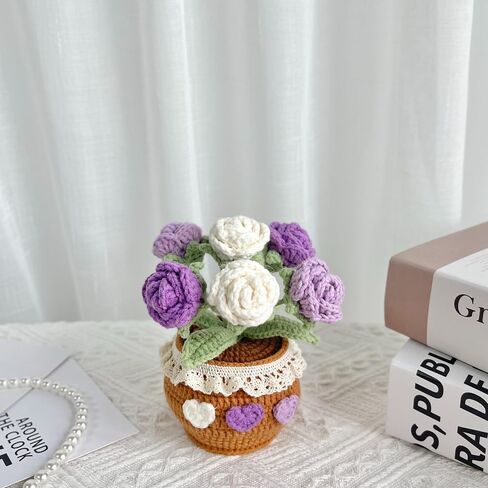 Handmade Crochet Rose Bouquet Potted Plants, Knitted Artificial Forever Flowers With Exquisite Pot,Gift to Friends Women Kids,Perfect for Home Decorations, Office Desk (Gradient Pink) in Saudi Arabia