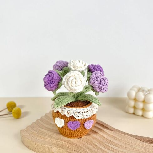 Handmade Crochet Rose Bouquet Potted Plants, Knitted Artificial Forever Flowers With Exquisite Pot,Gift to Friends Women Kids,Perfect for Home Decorations, Office Desk (Gradient Pink) in Saudi Arabia