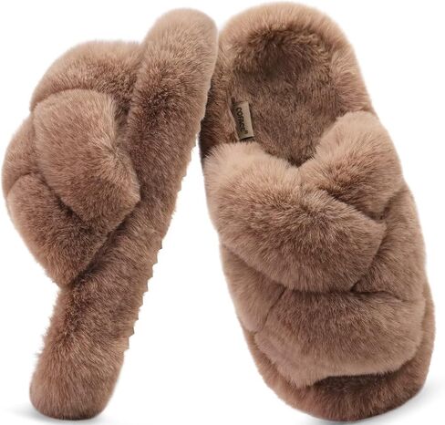 COFACE Women's Fluff Slippers Open Toe Fuzzy Faux Fur Slide Slippers Ladies Comfort House Slippers Fashion Furry Slip On Platform Slippers with Arch Support Indoor Outdoor Sole in Saudi Arabia