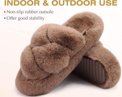 COFACE Women's Fluff Slippers Open Toe Fuzzy Faux Fur Slide Slippers Ladies Comfort House Slippers Fashion Furry Slip On Platform Slippers with Arch Support Indoor Outdoor Sole in Saudi Arabia