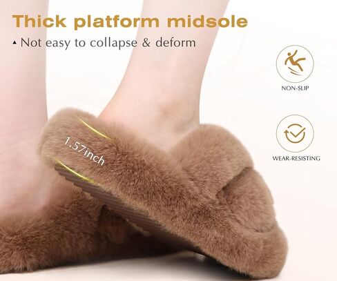 COFACE Women's Fluff Slippers Open Toe Fuzzy Faux Fur Slide Slippers Ladies Comfort House Slippers Fashion Furry Slip On Platform Slippers with Arch Support Indoor Outdoor Sole in Saudi Arabia