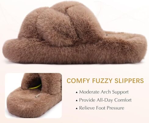 COFACE Women's Fluff Slippers Open Toe Fuzzy Faux Fur Slide Slippers Ladies Comfort House Slippers Fashion Furry Slip On Platform Slippers with Arch Support Indoor Outdoor Sole in Saudi Arabia