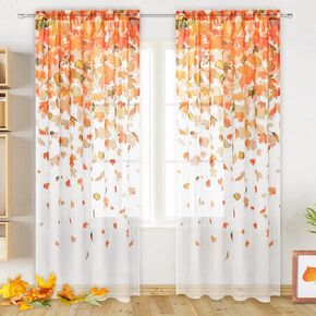 Thanksgiving Fall Sheer Curtains for Living Room 63 Inch Length Rod Pocket Window Curtain 2 Panels Set Autumn Falling Maple Leaves Semi Sheer Voile Window Treatment for Bedroom Dining Room Drapes