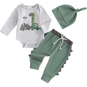 Omkzanbi Newborn Boy Clothes I'm New Here Dinosaur Bodysuit Green Jogger Pants Fall Winter Cute 3Pcs Coming Home Outfit 0-6M