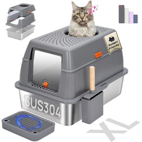 Stainless Steel Litter Box with Lid, SUS304 Metal Cat Litter Box, Enclosed Extra Large Kitty Litter Box High Wall, Jumbo Cat Litter Box with Triple Pedal, Non-Sticky, Anti-Leakage (XXL Gray)