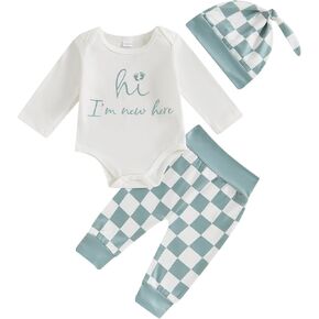 Newborn Baby Fall Clothes Hi I'm New Here Letter Print Romper Checkered Print Pants with Hat Set Baby Plaid Outfit
