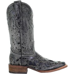 Corral Boots Womens Distressed Embroidery Square Toe Casual Boots Mid Calf Low Heel 1-2" - Black, Grey