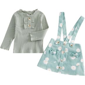 TheFound Toddler Baby Girl Outfits Lapel Neck Long Sleeve Ribbed T-Shirt Daisy Print Pleated Skirt Infant Fall Winter Clothes