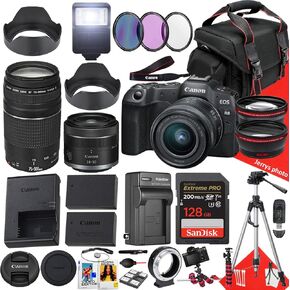 Canon EOS R8 Mirrorless Camera with 24-50mm and 75-300mm Lens + 128 GB Memory + Hood + Spare Travel Charger + Filters + Tripod + More (32pc Bundle), Black (Renewed)