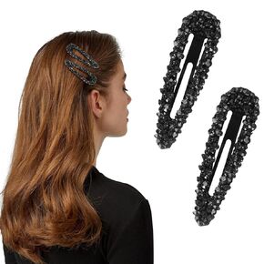 2Pcs Black Rhinestone Snap Hair Clips, Metal and Crystal, Sparkly Hair Accessories, Snap Hair Barrettes，Clips and Barrettes，Hair Clips