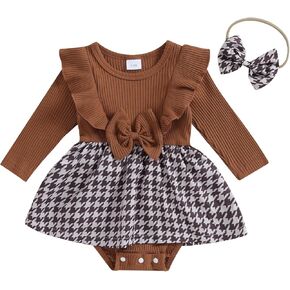 Newborn Baby Girl Clothes Plaid Romper Dress Ribbed Ruffle Long Sleeve Jumpsuit Bodysuit Headband Fall Winter Outfit