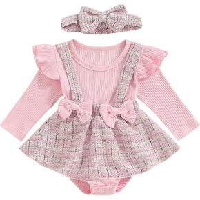 Newborn Baby Girl Plaid Long Sleeve Romper Dress Gingham One Piece Bodysuit Jumpsuit Bow Headband Fall Winter Outfit