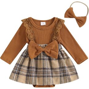 Newborn Baby Girl Plaid Long Sleeve Romper Dress Gingham One Piece Bodysuit Jumpsuit Bow Headband Fall Winter Outfit