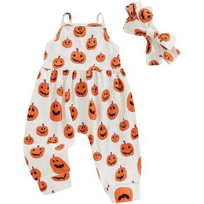 Ayalinggo My First Halloween Baby Girl Outfit Pumpkin Ghost Romper Jumpsuit Sleeveless Strap Overalls Toddler Fall Clothes