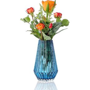 Glass Flower Vase for Modern Home Decor Bud Vases for Centerpieces Home Decor Living Room Kitchen Office Wedding(Tight Mouth Blue Glass Vase)