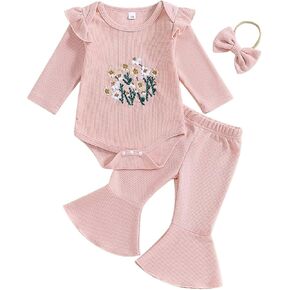 Newborn Baby Girl Waffle Knit Outfit Long Sleeve Embroidered Flower Ruffle Romper Flare Pants Headband 3 Piece Set in Kuwait