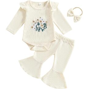 Newborn Baby Girl Waffle Knit Outfit Long Sleeve Embroidered Flower Ruffle Romper Flare Pants Headband 3 Piece Set