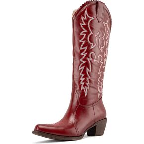 GORBINETI Women Red Cowboy Boots Knee High Red Cowgirl Boots Chunky Heel Western Boots Embroidered Almond Toe Boots Pull On Mid Heel Boots