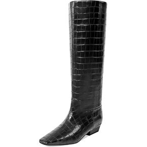 Knee High Boots for Women, Low Kitten Heel, Pull-on Block Heel, Square Toe, Flat Tall Riding Boots, Gogo Boots, Faux Leather