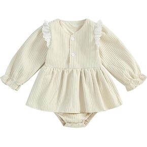 Douhoow Baby Girl Sweatshirt Romper Infant Baby Dress Romper Long Sleeve Button Bodysuit Fall Winter Festival Outfits