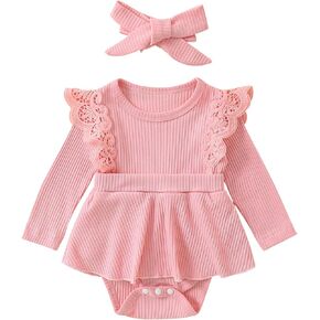 Newborn Baby Girls Lace Trim Romper Dress Fall Casual Long Sleeve Skirt Hem Ribbed Knit Rompers with Headband