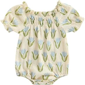 Infant Baby Girl Linen Romper Smocked Bubble Bodysuit Frill Trim Ruffle One-Piece Jumpsuit Casual Cute Summer Clothes