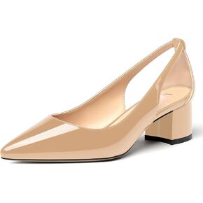MERRORI Women's Pointed Toe Slip On Patent Solid Chunky Low Heel Pumps Shoes 2 Inch