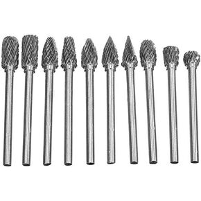 10Pcs Carbide Burr Set, Double Cut Rotary Burr Set with 3 mm (1/8 Inch) Shank and 6 mm (1/4 Inch) Head for Metal Wood Stone Plastic Carving Cutting Grinding Engraving(Silver)