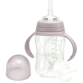 nouka Tritan Plastic Transitional Sippy Cup with Weighted Straw | Leak Proof and Easy Grip | Removable Handles | Bloom